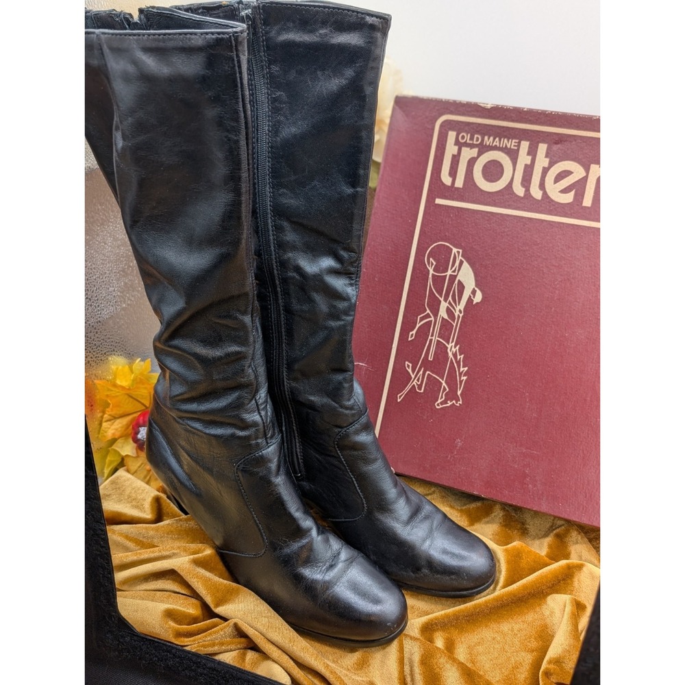 Old Maine Trotter Lancer Black Leather Knee High Boots 10 S Slim 90s Box VTG